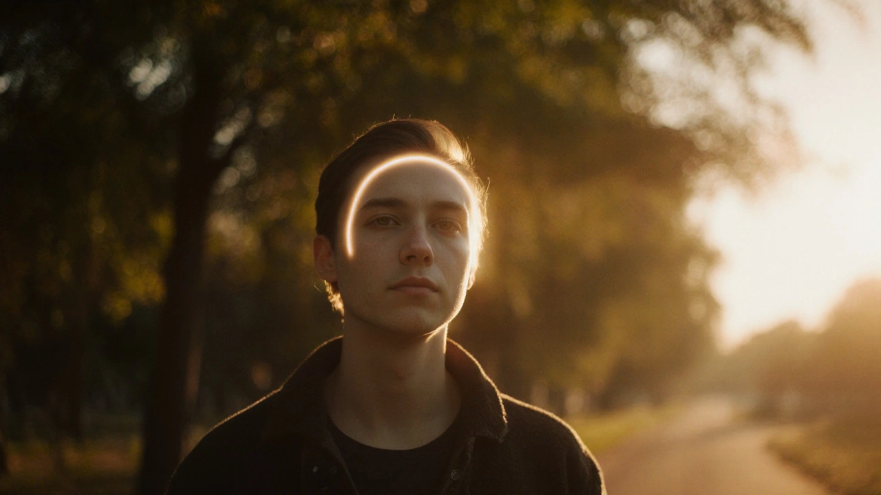 Человек гуляет на закате, естественный свет мягко освещает его глаза