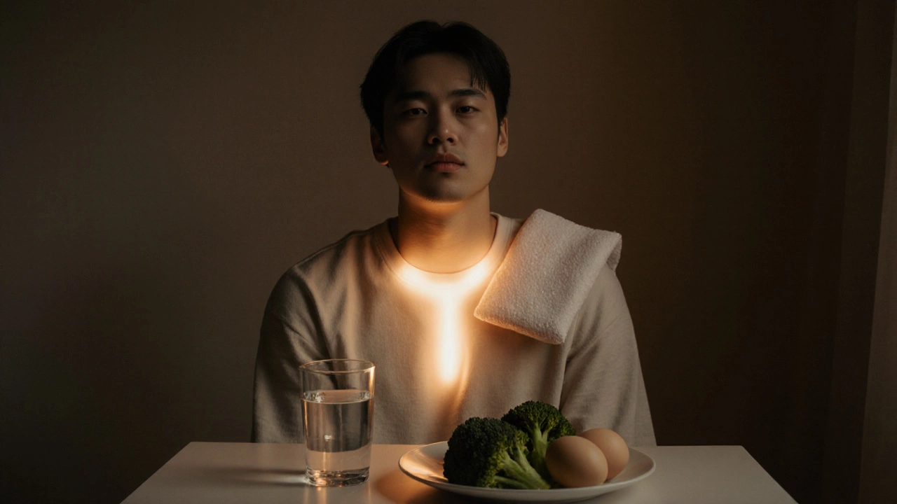 Человек спокойно дышит, рядом — вода с солью и брокколи, передавая внутреннее равновесие и биохимическое восстановление.