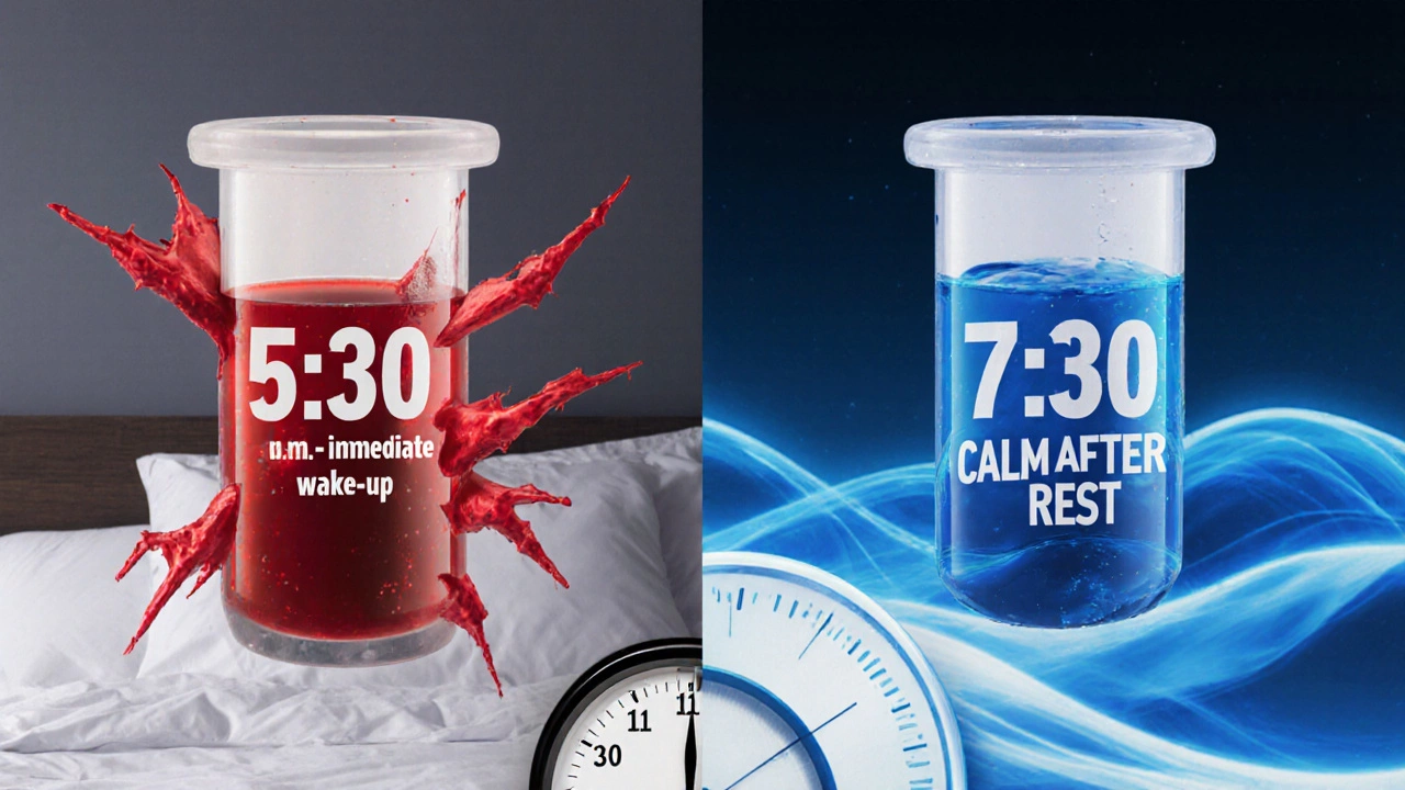 Две пробирки с кровью: одна с беспокойными красными линиями, другая — с гладкими синими волнами, символизирующие разницу в результатах.