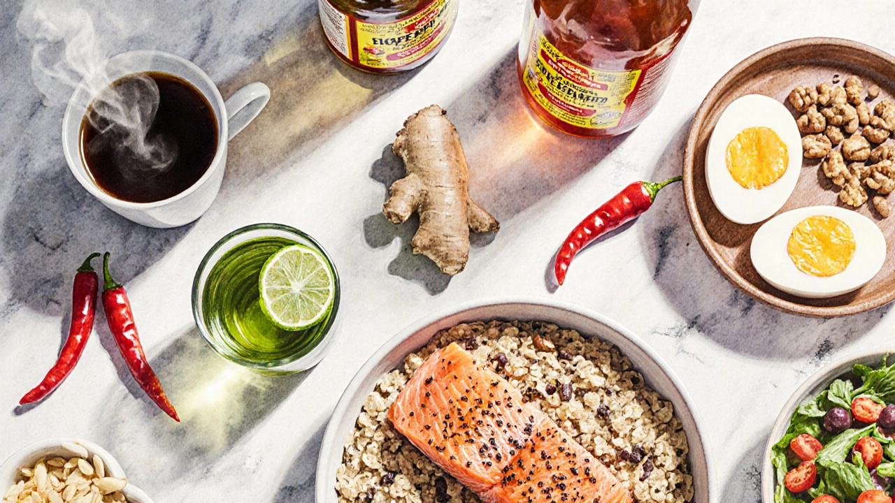 Кухонный стол с кофе, зелёным чаем, имбирём, чили, лососем, льняными семенами и яйцами.