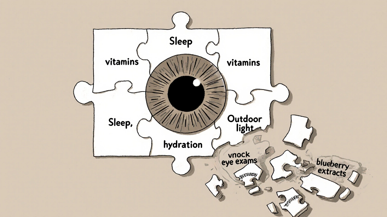 Пазл из здоровых привычек, формирующих здоровье глаз, в отличие от бесполезных добавок