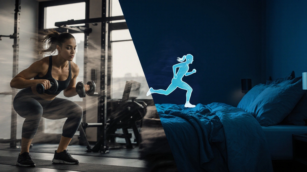 Разделённый кадр: женщина делает приседания в зале и спит в тихой спальне.