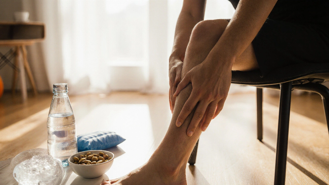 Рука медленно сгибает колено в кресле, рядом — лед и семена тыквы, показывая мягкую реабилитацию после травмы.