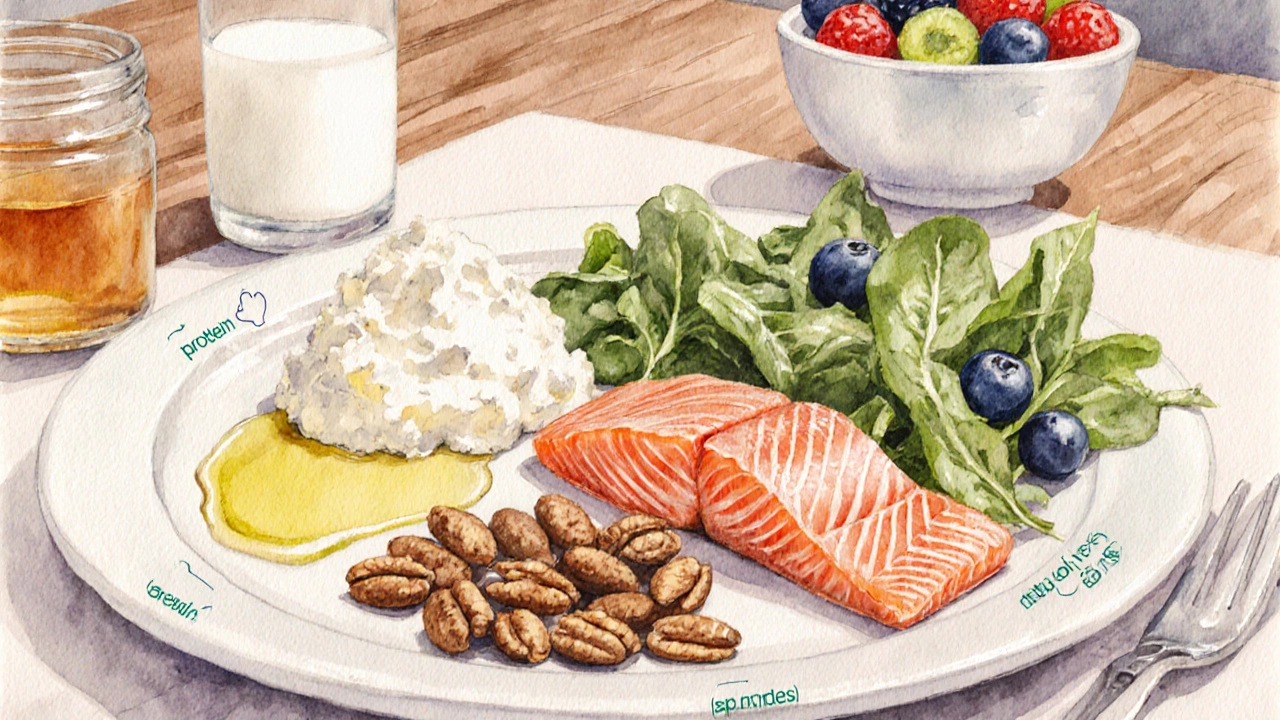 Тарелка с рыбой, творогом, орехами и овощами, показывающая сбалансированную диету.