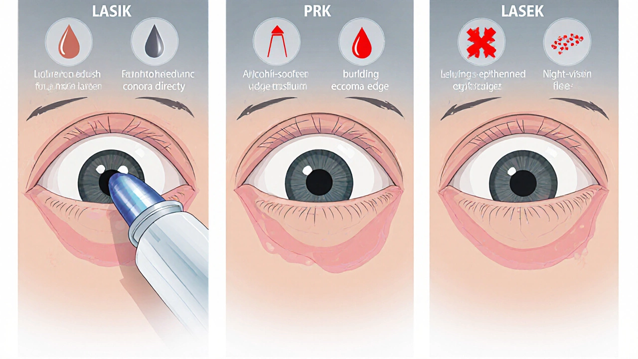Трёхпанельная иллюстрация LASIK, PRK и LASEK с символами осложнений.