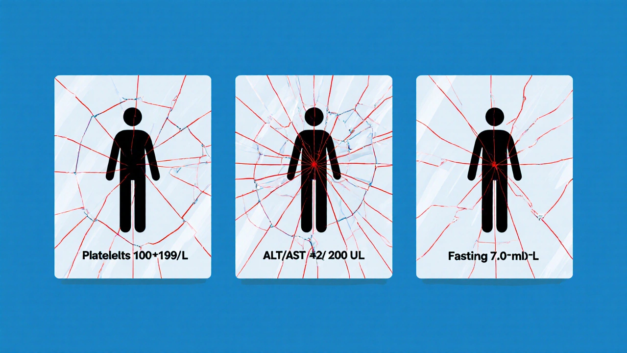 Три показателя крови — тромбоциты, ферменты печени и сахар — как треснувшие стекла, символизирующие тревожные сигналы.