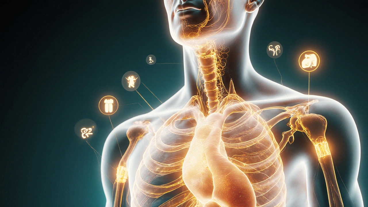 Человеческое тело с светящимися гормональными путями между железами внутренней секреции.