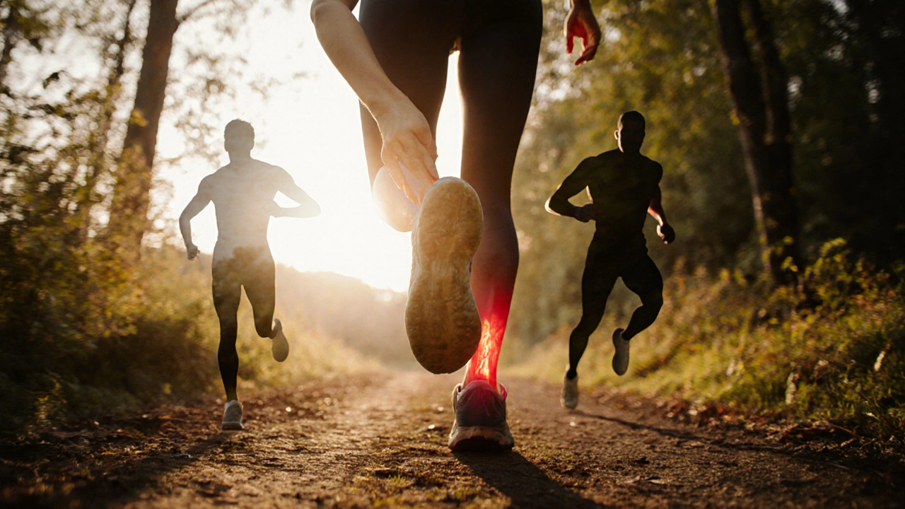Человек бежит по лесной тропе на рассвете, тень прошлой травмы исчезает, а тело становится сильнее.