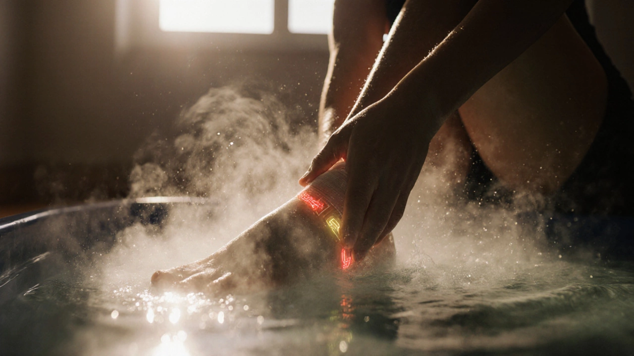 Человек мягко двигает лодыжкой в воде, тепло и свет символизируют восстановление тканей.