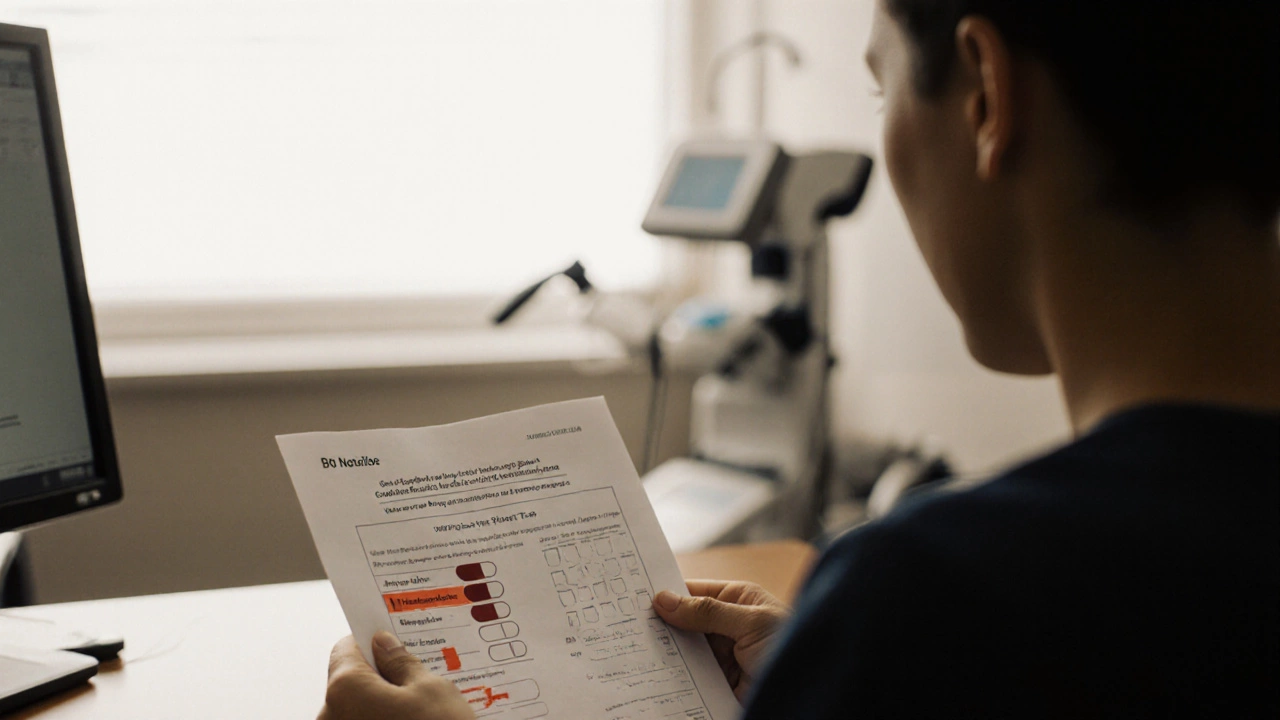 Человек смотрит на анализ крови в клинике, выражение тревоги и размышления