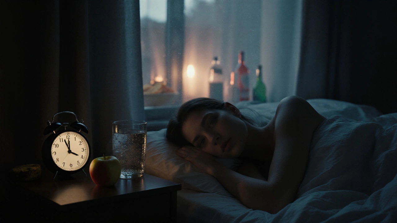 Человек спит в темной спальне, на тумбочке стакан воды и яблоко, за занавеской — тени жирной еды и алкоголя.