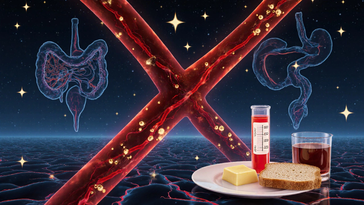 Графическое изображение крови с глюкозой и липидами, перечеркнутые еда и кофе.