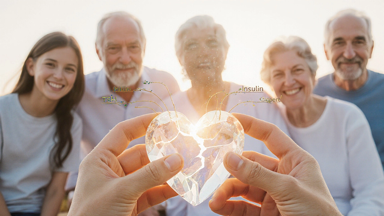 Хрупкое светящееся сердце, восстанавливаемое золотыми нитями, обозначающими гормоны.