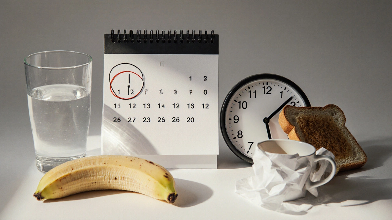 Календарь с отмеченной датой, вода и банан рядом, завтрак выброшен — подготовка к сдаче крови.