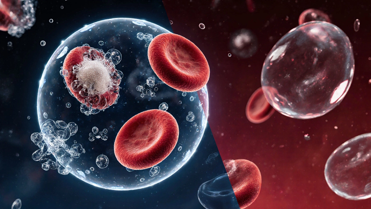 Кровяные клетки в плазме: жирные капли и кристаллы сахара искажают нормальную структуру, чистые клетки — справа.