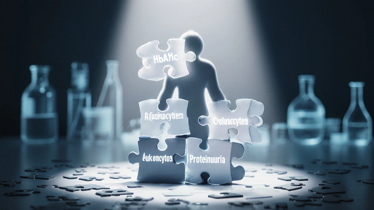 Пазл из медицинских показателей, собирающийся в силуэт человеческого тела.