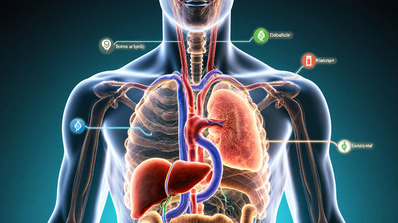 Прозрачное тело человека с визуализированными диагностическими тестами, идущими к органам.
