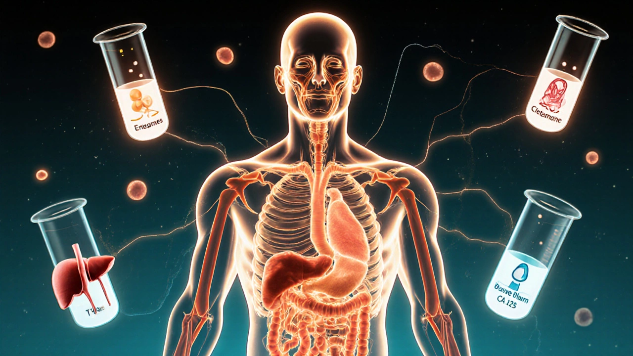Прозрачное тело с потоками крови и мочи, ведущими к пробиркам с маркерами здоровья.
