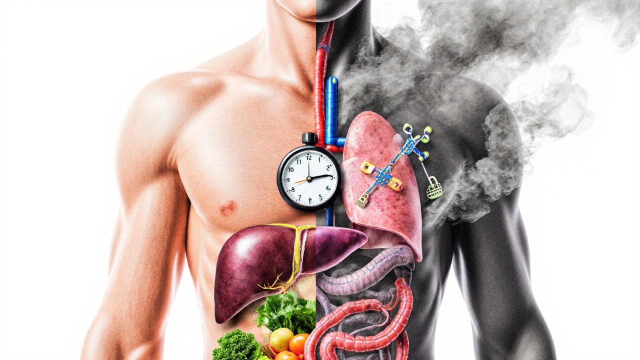 Разделённое изображение тела: здоровая сторона с овощами и шагами, больная — с закупоренными сосудами и дымом.