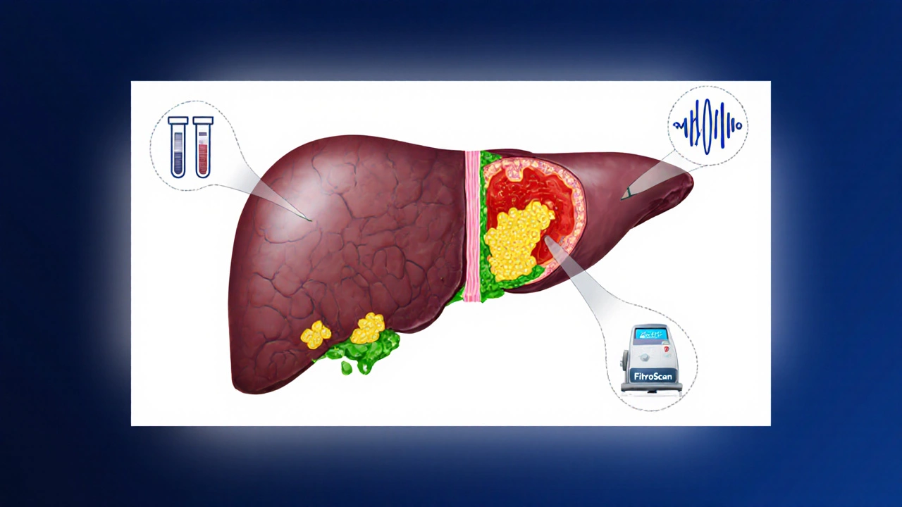 Схема печени с цветовыми обозначениями жира, ферментов и здоровой ткани.