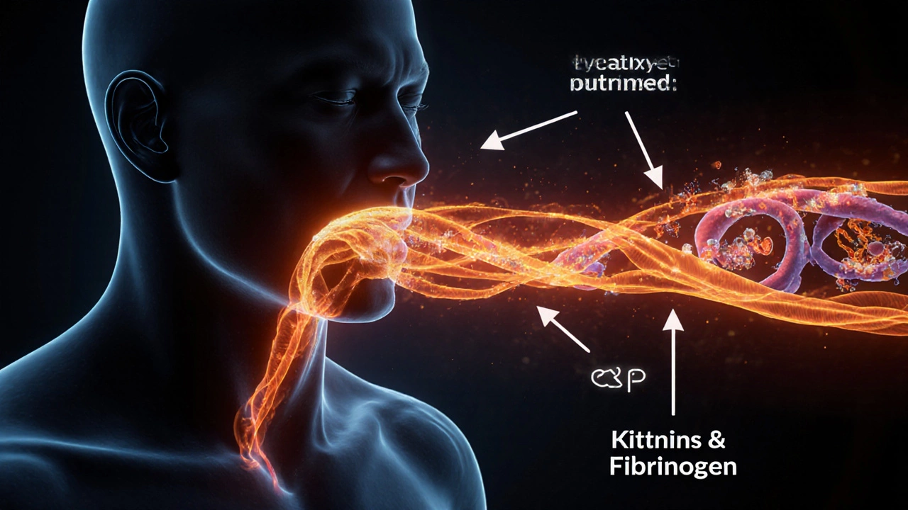 Силуэт тела с лучами воспаления, исходящими из горла и суставов, и кровеносными сосудами, заполненными маркерами воспаления.