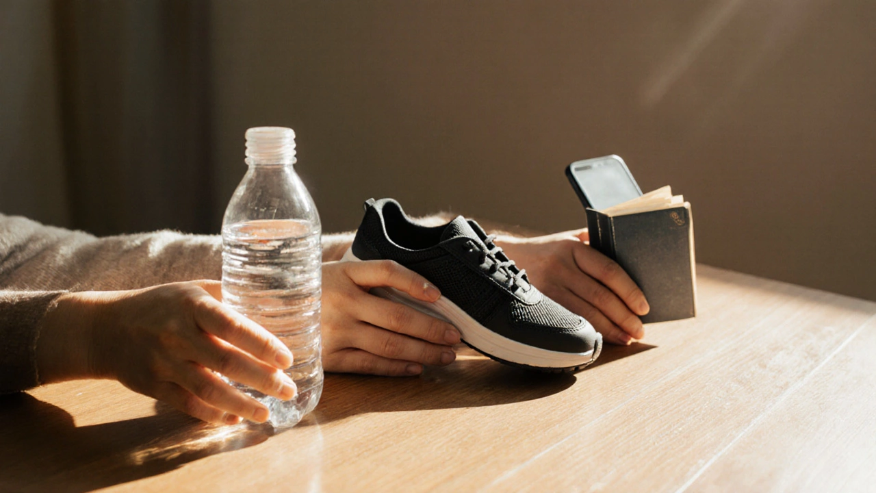 Три руки кладут воду, кроссовки и книгу — символы здоровых привычек на деревянном столе.