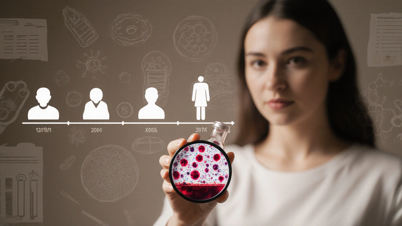 Женщина держит пробирку с кровью, в увеличении видны клетки и молекулы внутри.