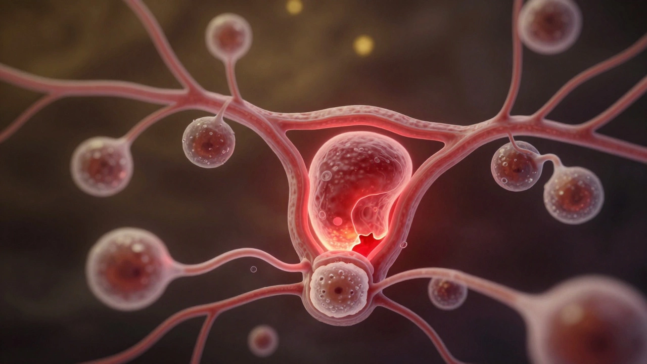 Анатомическая иллюстрация яичника с кистой, окруженной кровеносными сосудами.