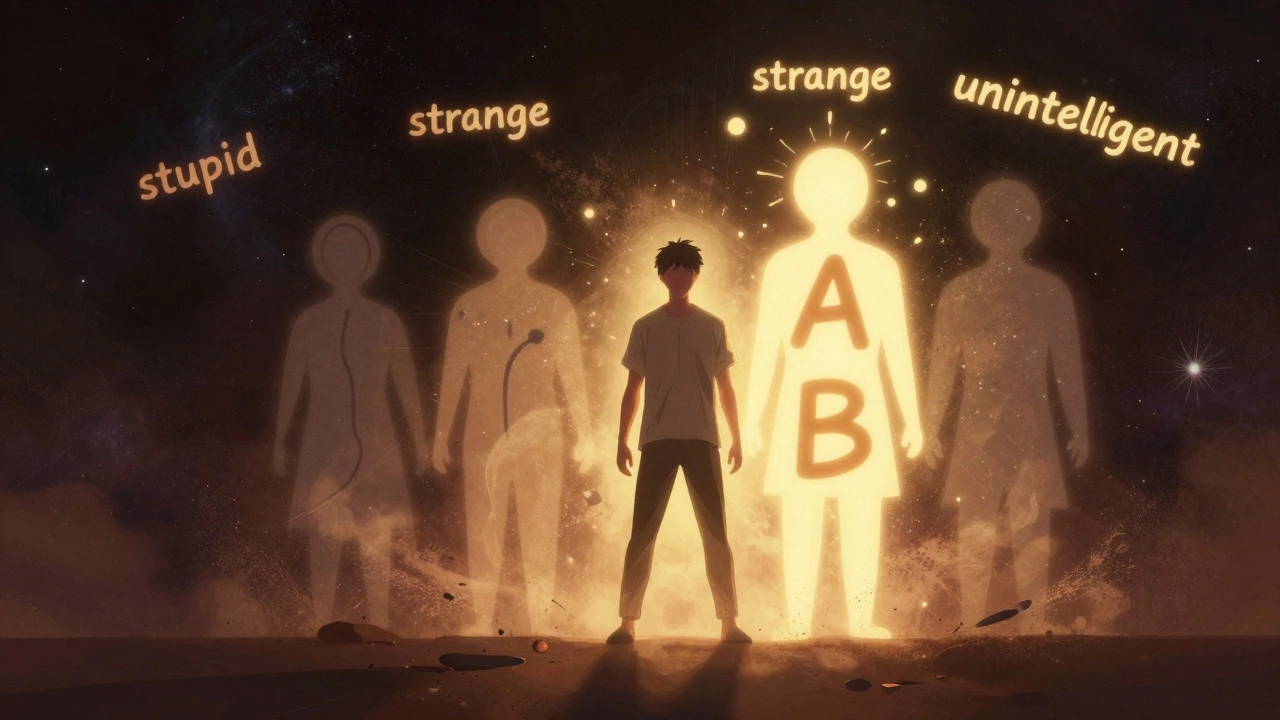 Человек стоит рядом с диаграммой групп крови, мифы разрушаются вокруг него