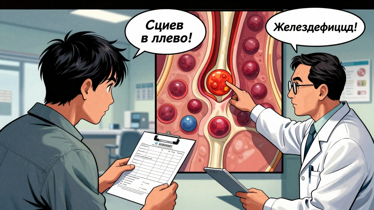 Пациент и врач смотрят на диаграмму кроветворения с указанием сдвига влево и железодефицита.