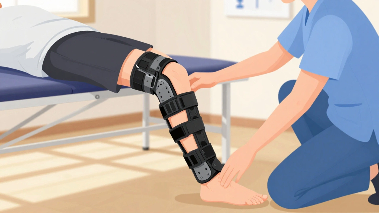 Пациент с повязкой на колене выполняет легкие упражнения под руководством физиотерапевта.