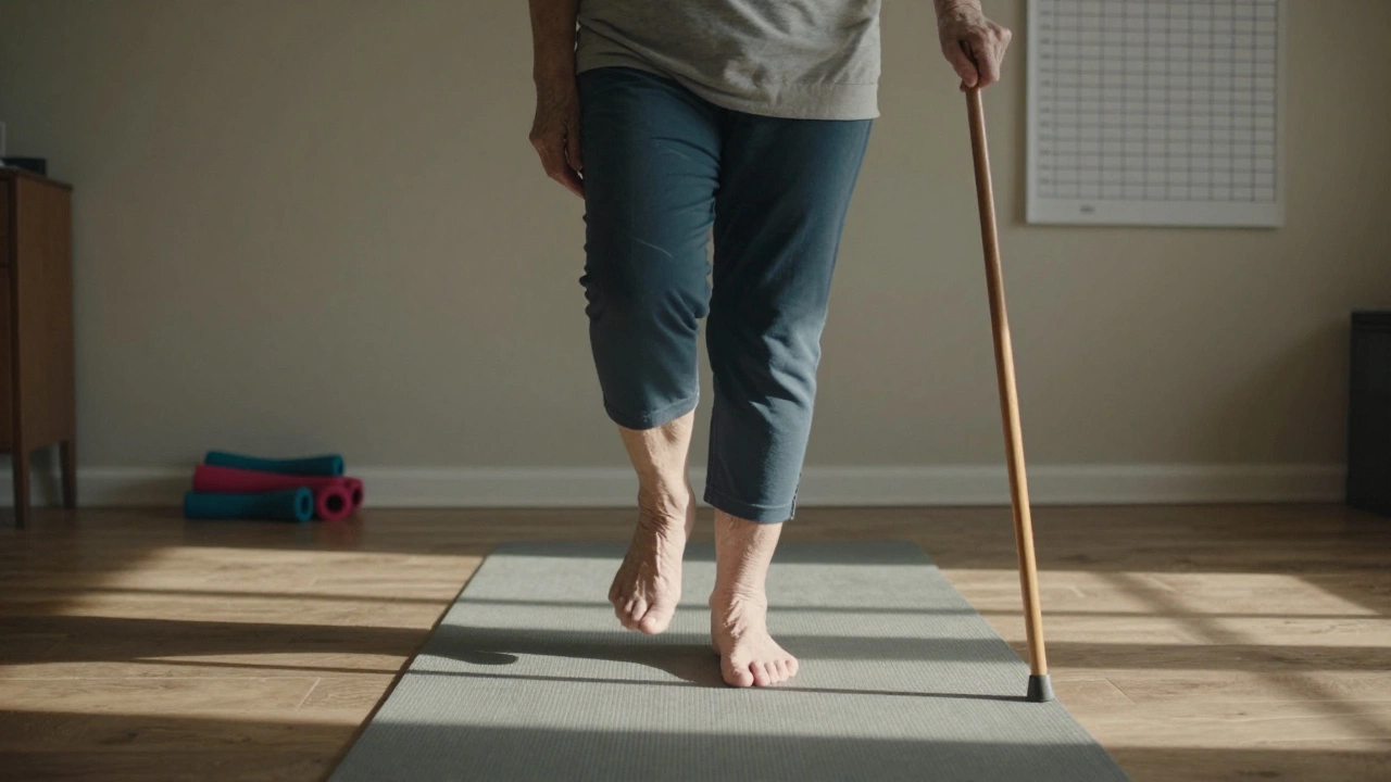 Пожилая женщина стоит на одной ноге, демонстрируя баланс и прогресс в восстановлении.