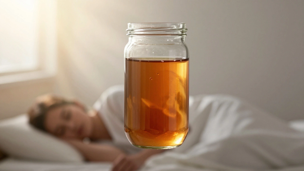 Прозрачная баночка с темной мочой над кроватью, освещенная утренним светом.