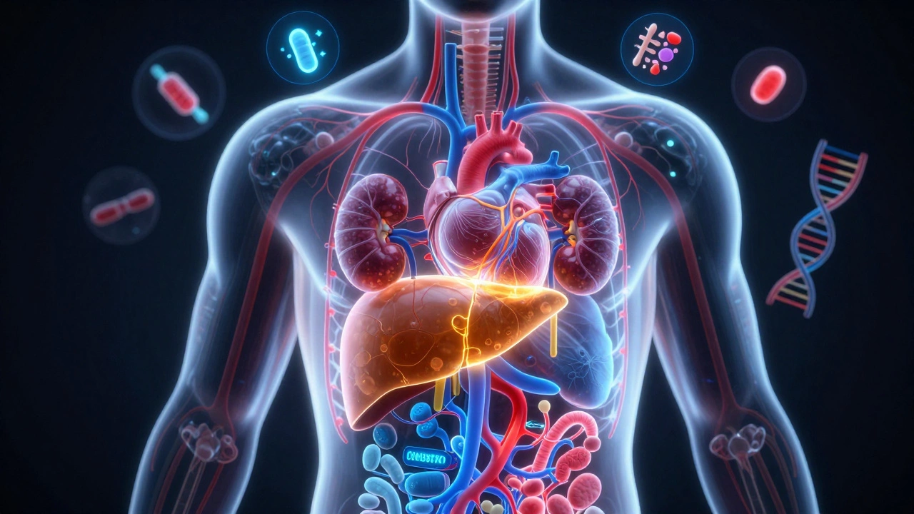 Прозрачное тело человека с внутренними органами, светящимися цветными потоками данных.