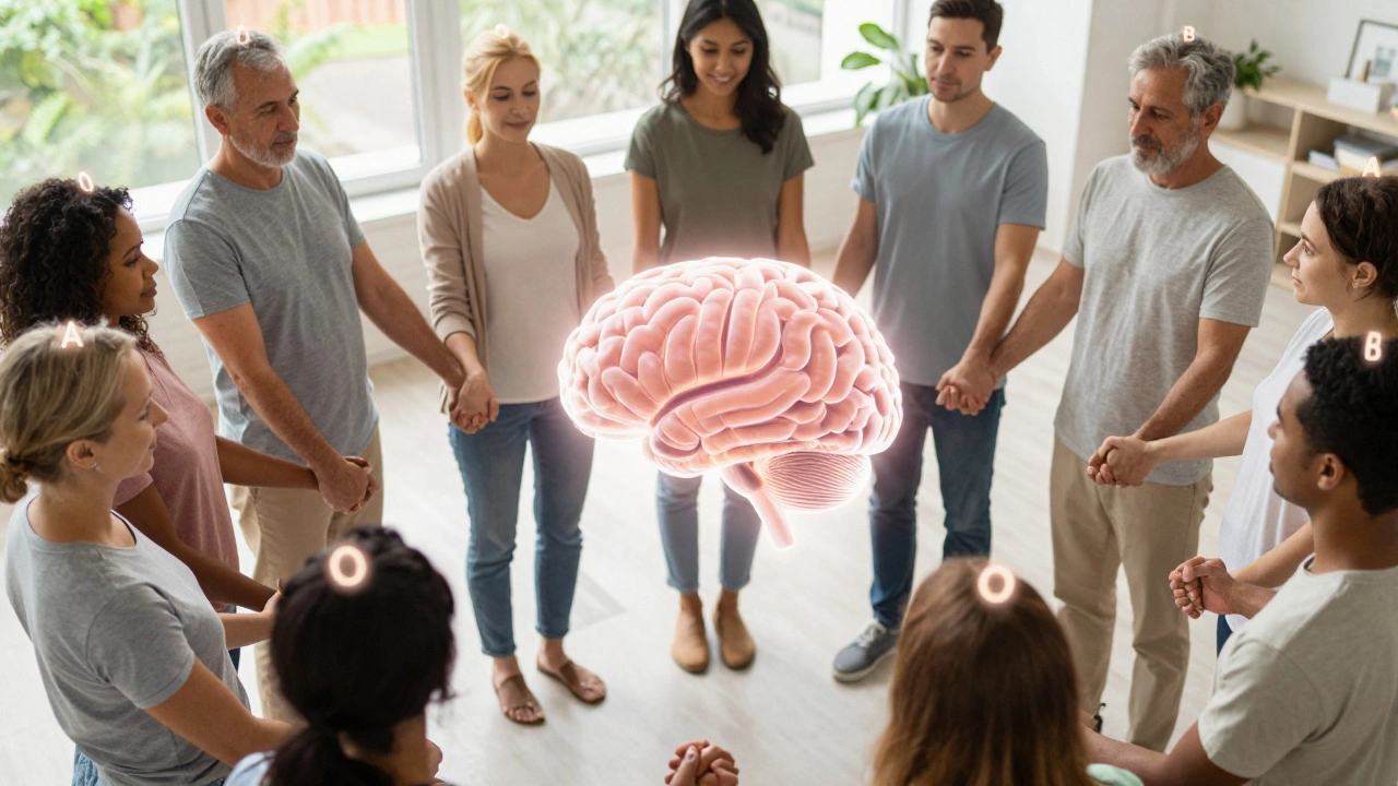 Разные люди держатся за руки, над головами — символы групп крови, в центре — мозг