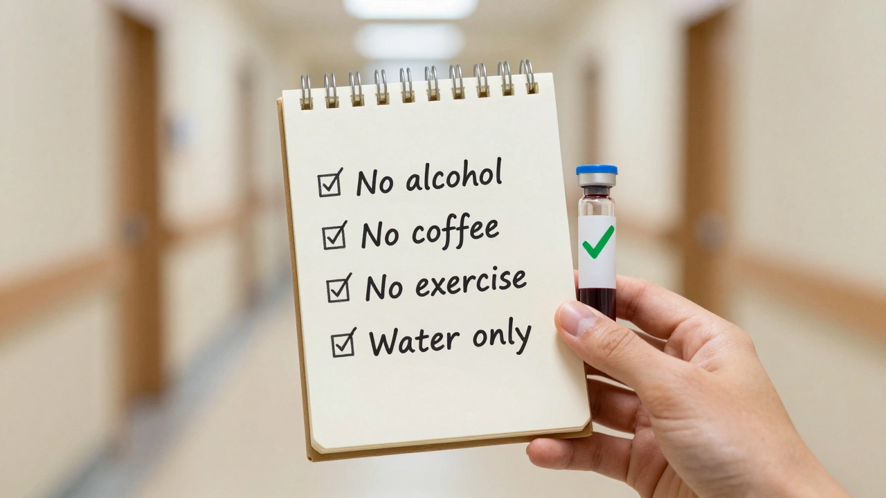 Рука держит список подготовки к анализу крови рядом с пробиркой, на фоне размытой больничной коридора.