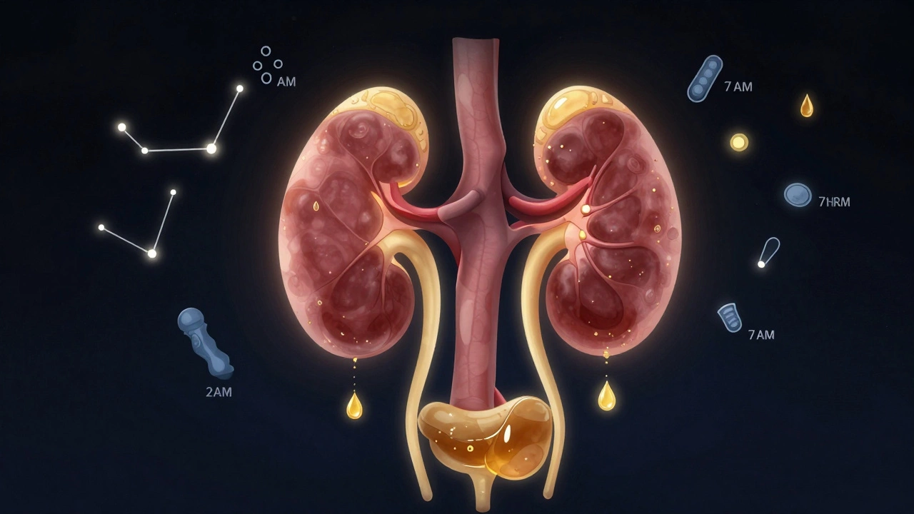 Схематичное изображение почек и мочевого пузыря с накоплением мочи за ночь.