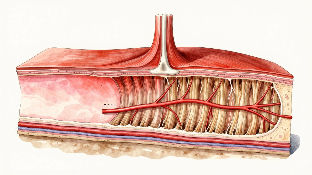 Схематичное изображение заживающих мышечных, сухожильных и связочных тканей с постепенным восстановлением кровеносных сосудов.