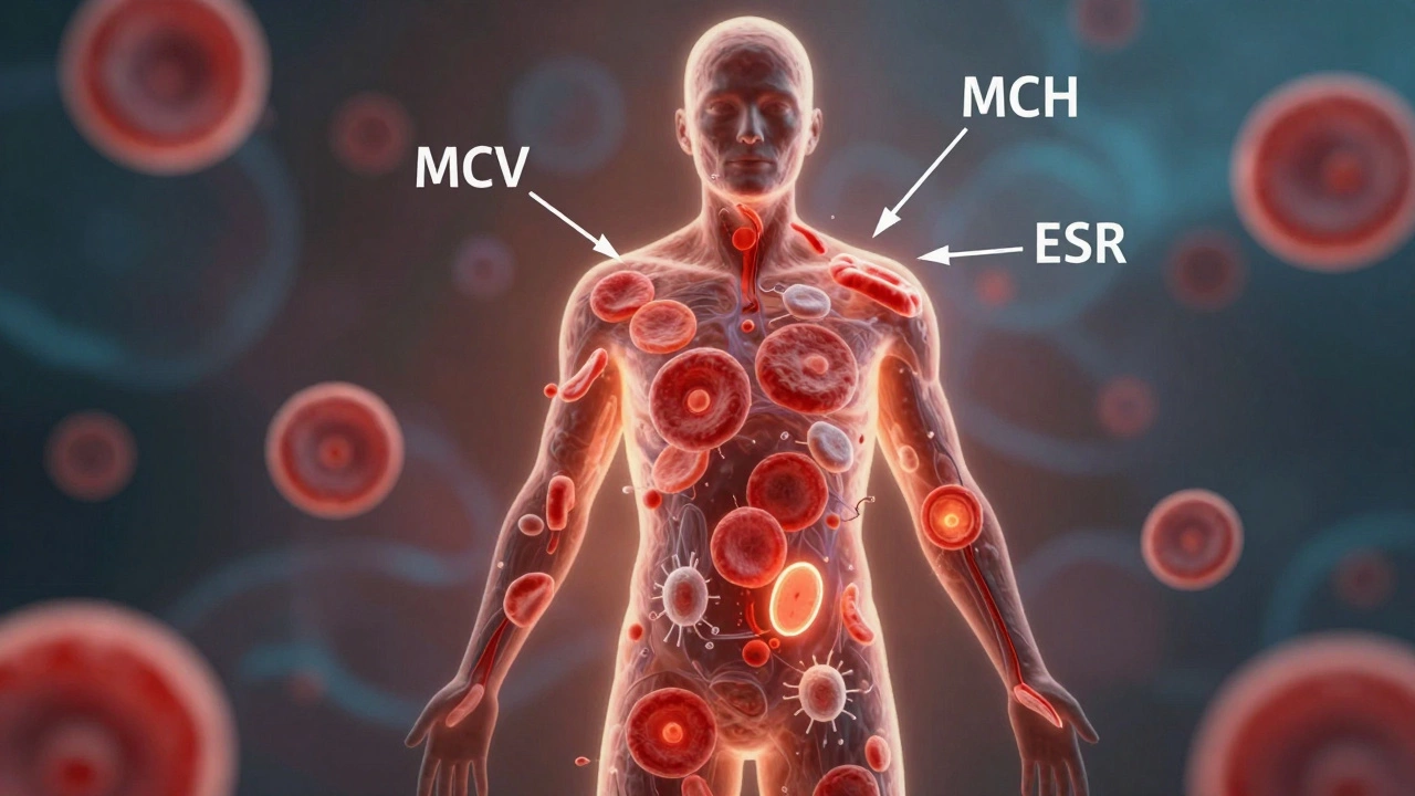 Силуэт человека, наполненный светящимися кровяными клетками, с метками ключевых показателей анализа.