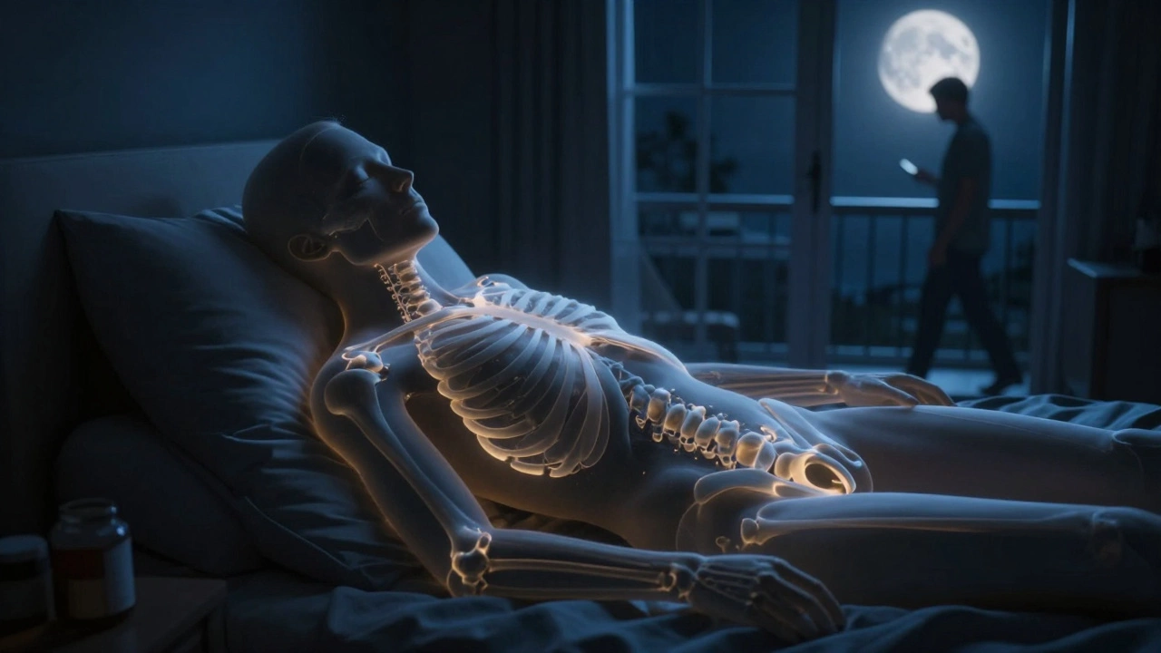 Силуэт человека во сне, внутри которого светится процесс заживления костей и тканей.