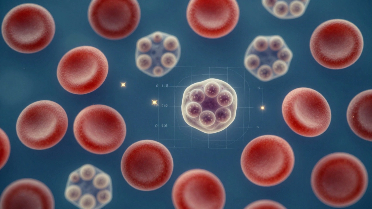Увеличенный мазок крови под микроскопом, видны клетки крови и одна аномальная.