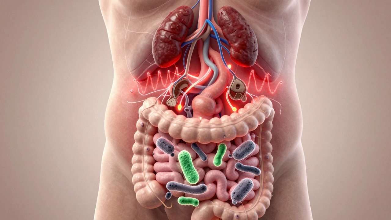 Висцеральный жир на животе с воспалительными сигналами и микробиом кишечника