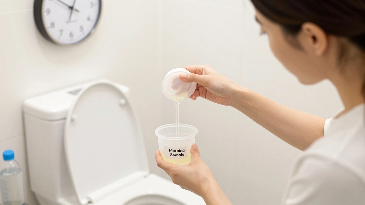 Женщина собирает среднюю порцию мочи в стерильный контейнер, соблюдая гигиену.