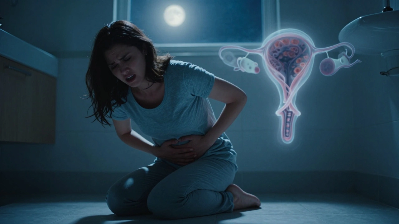 Женщина в боли на полу ночью, над ней прозрачная киста, символизирующая перекрут.