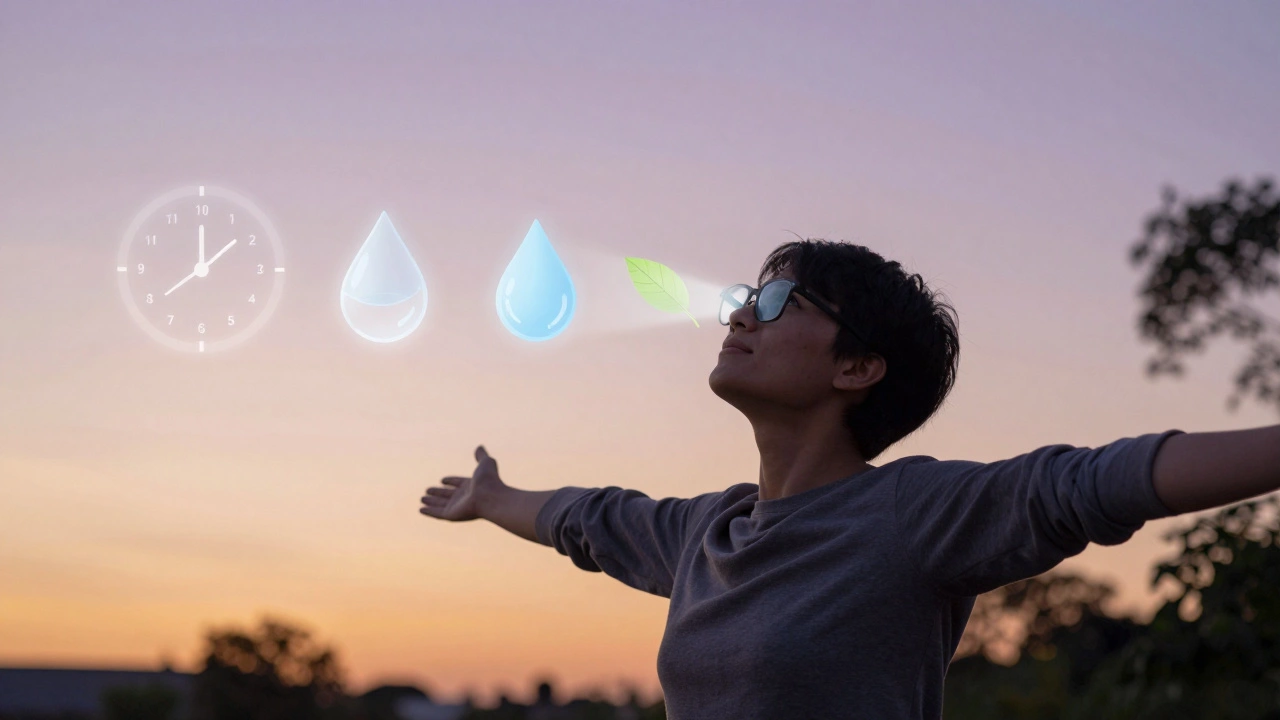 Человек на закате с символами здорового зрения: свет, вода, лист, исчезающие очки.