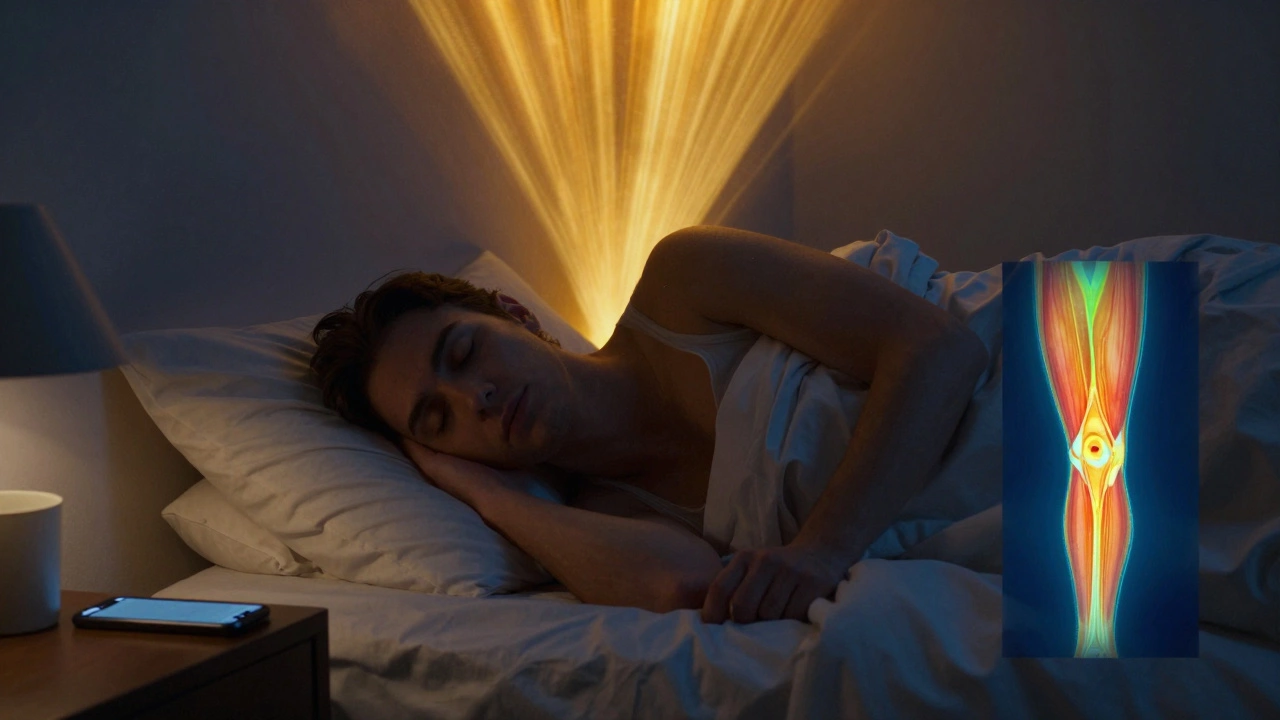 Человек спит, а золотые лучи символизируют гормон роста, восстанавливающий мышцы во время сна.