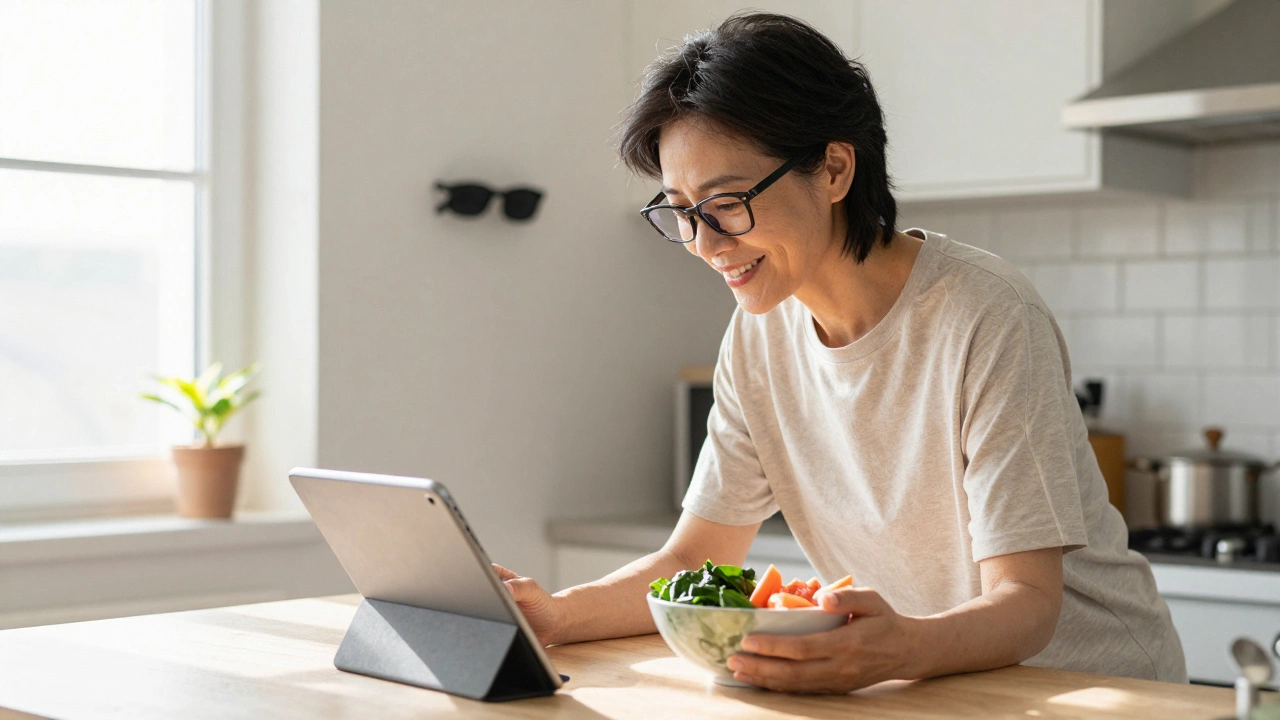 Человек в 40 лет читает рецепт, рядом — продукты для зрения, на стене солнцезащитные очки.