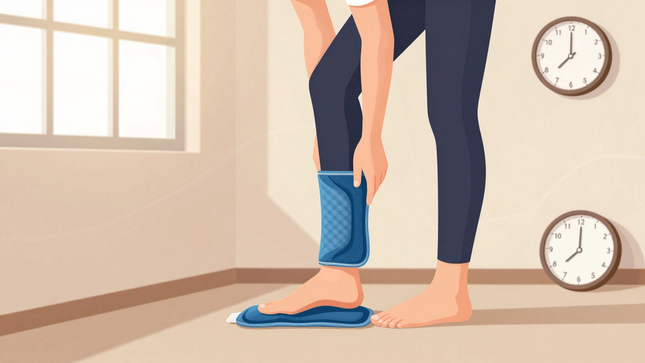 Человек выполняет мягкие движения для реабилитации, держась за стену, с теплым компрессом на ноге.