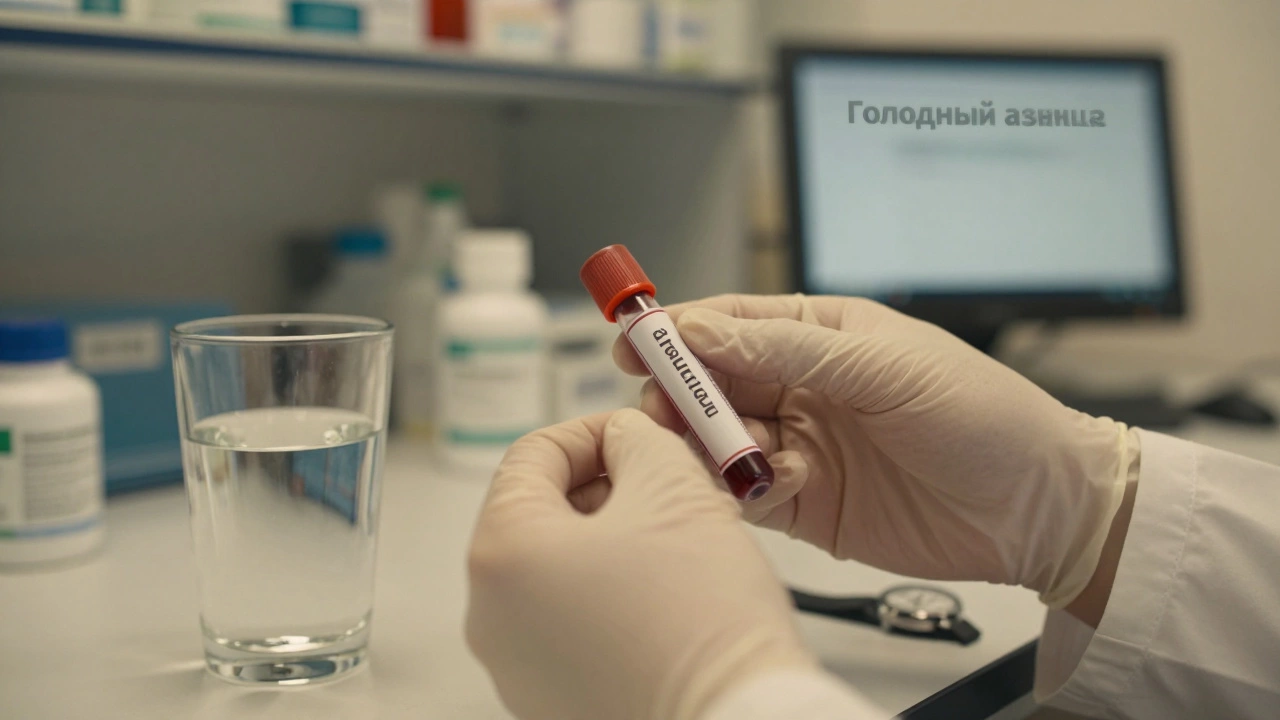 Медсестра маркирует пробирку с кровью, рядом стакан воды.