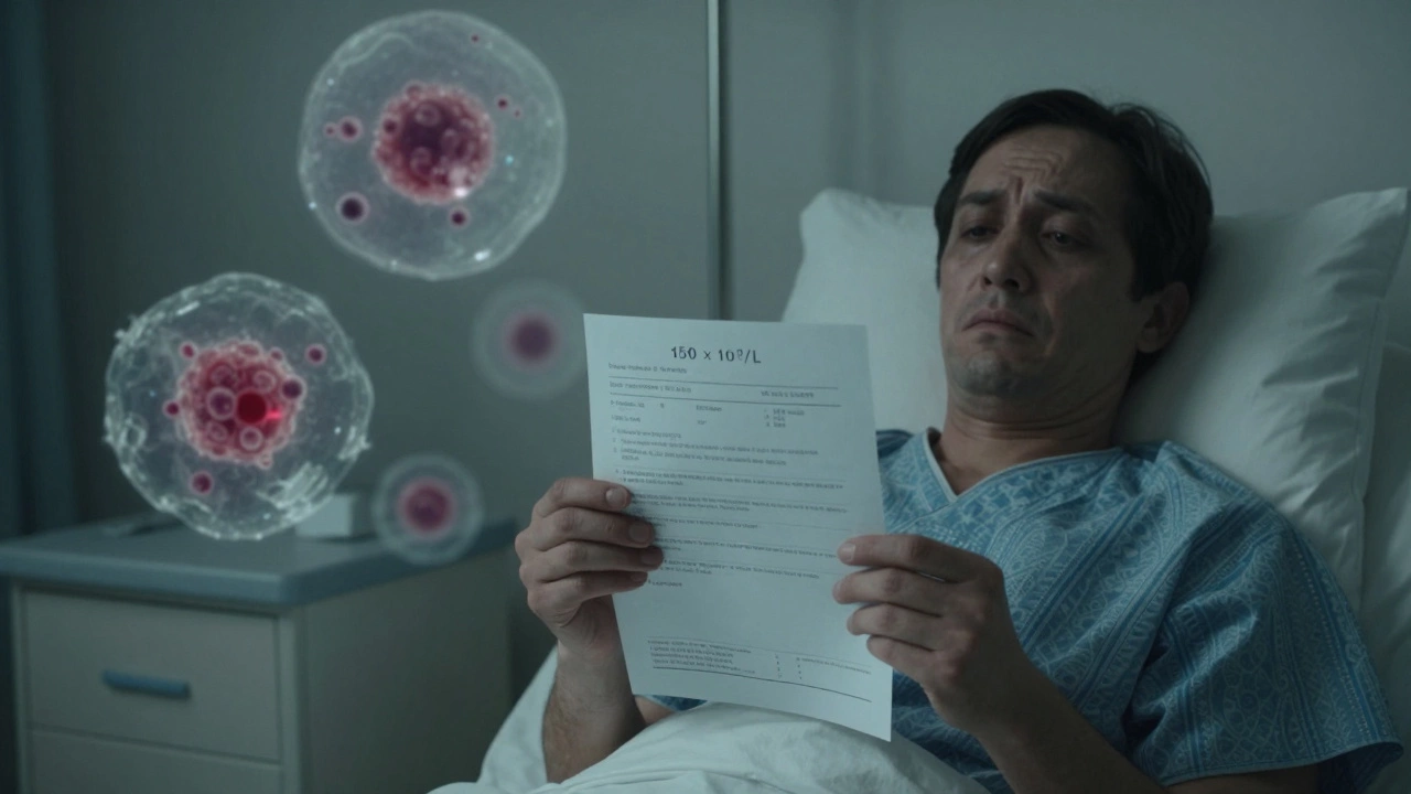Пациент смотрит на результат анализа крови с высоким уровнем лейкоцитов, вокруг него — прозрачные силуэты аномальных клеток.